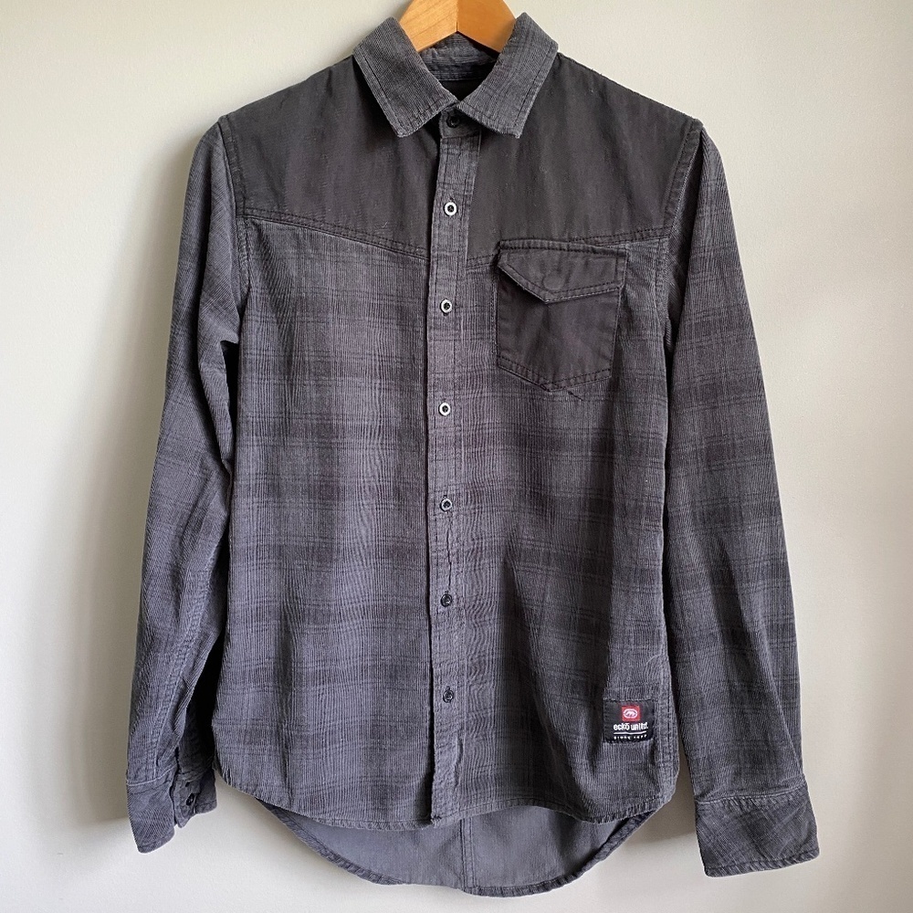 Ecko Unltd. Men's‎ Gray Check Long Sleeve Fine Corduroy Button Up Shirt Small